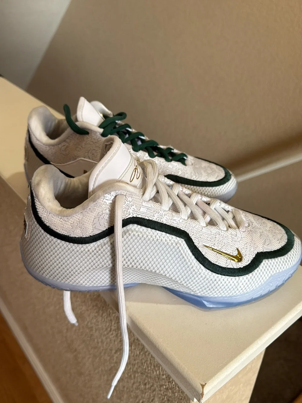 Kids White and Green Sneakers with Gold Accent
